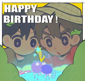  4boys :o absurdres aged_down antenna_hair basket black_eyes black_hair border bright_pupils brown_hair bubble bush butterfly_net chinese_commentary closed_mouth commentary_request dark-skinned_male dark_skin double-parted_bangs dual_persona film_grain footprints grass grey_pupils grey_shirt hair_behind_ear hair_between_eyes hand_net happy hat highres holding holding_butterfly_net kel_(faraway)_(omori) kel_(headspace)_(omori) kel_(omori) leaf looking_at_another male_focus multiple_boys official_alternate_costume olta omori omori_(omori) on_grass open_mouth outside_border picnic_basket picnic_blanket portrait purple_hair red_shirt shirt short_hair star_(symbol) sunny_(omori) v-shaped_eyebrows very_short_hair white_border yellow_background yellow_hat 