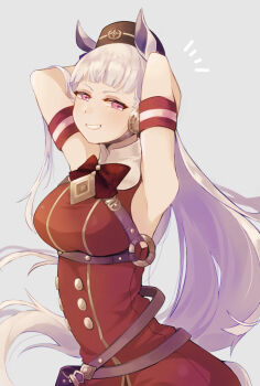  1girl animal_ears armband asoko_(user_takc5354) blunt_bangs blush bow bowtie breasts brown_hat commentary_request dress ear_bow gloves gold_ship_(red_strife)_(umamusume) gold_ship_(umamusume) grey_hair hat highres horse_ears horse_girl horse_tail large_breasts long_hair looking_at_viewer open_mouth pillbox_hat purple_eyes red_bow red_bowtie red_dress sleeveless sleeveless_dress smile solo striped_armband striped_clothes tail umamusume white_gloves 