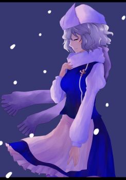  1girl apron closed_eyes commentary_request highres hinohikari lapel_pin letty_whiterock long_hair looking_to_the_side medium_hair scarf snowing solo touhou waist_apron white_hair white_scarf 