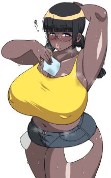  1girl arm_behind_head arm_up armpits bare_shoulders black_hair blue_eyes blush braid breasts chairman cleavage covered_erect_nipples dark-skinned_female dark_skin female_focus glasses highres huge_breasts komusou_(jinrikisha) long_hair looking_at_viewer midriff mole mole_under_mouth navel original parted_lips plump round_eyewear short_shorts shorts simple_background solo standing sweat thick_eyebrows thick_thighs thighs translation_request twin_braids very_dark_skin white_background 