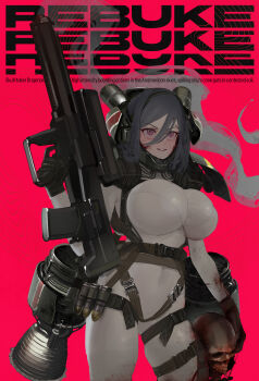 1girl 25x40mm_lv 25x40mm_lv_heab absurdres airburst_grenade_launcher airburst_round ammunition anti-materiel_cartridge belt black_gloves black_hair blood blood_on_face bodysuit breasts bullpup cannon_cartridge computerized_scope english_text explosive explosive_weapon fragmentation_grenade fragmentation_warhead gloves grenade grenade_cartridge grenade_launcher gun headgear high-explosive_airburst_round high-explosive_cartridge highres holding holding_weapon large_breasts long_hair original polilla poster_(medium) precision-guided_firearm precision-guided_munition red_background red_eyes semi-automatic_grenade_launcher shotgun smart_grenade smart_scope solo standing weapon white_bodysuit xm104_(smart_scope) xm25_cdte