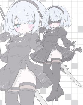  1girl 2b_(nier:automata) :o bad_id bad_twitter_id black_boots black_dress black_hairband blindfold blue_eyes blush_stickers boots breasts cleavage cleavage_cutout clothing_cutout different_zoom_layer dress full_body gloves grey_hair grid_background hairband hand_up high_heel_boots high_heels highres izumi_(yura_izumi) juliet_sleeves katana long_sleeves nier:automata nier_(series) no_pupils panties puffy_sleeves short_hair side_slit small_breasts sword sword_on_back thigh_boots thighhighs underwear weapon weapon_on_back white_panties 