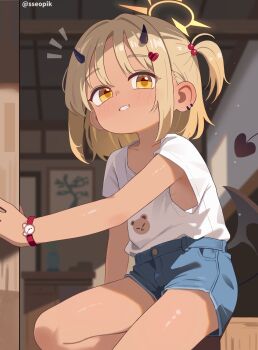  1girl alternate_hairstyle arm_at_side blonde_hair blue_archive blue_shorts blurry blurry_background breasts commentary demon_girl demon_horns demon_tail denim denim_shorts grin hair_bobbles hair_ornament halo highres horns ibuki_(blue_archive) indoors light_blush light_particles loli looking_at_viewer medium_hair multicolored_halo notice_lines one_side_up orange_halo print_shirt shirt short_shorts short_sleeves shorts sideboob sitting small_breasts smile solo sseopik t-shirt tail tan twitter_username two-tone_halo watch white_shirt wristwatch yellow_eyes yellow_halo 