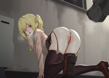 1girl anus arm_support ass bar_censor black_garter_straps black_thighhighs blonde_hair breasts brown_shoes cardigan censored dog garter_straps gishu hair_ribbon happy highres hoshikawa_sara imminent_bestiality large_breasts legs long_hair looking_back nijisanji no_panties open_mouth outdoors paid_reward_available plaid_clothes plaid_skirt pussy pussy_juice red_eyes ribbon shoes skirt solo thighhighs twintails virtual_youtuber rating:Explicit score:176 user:danbooru