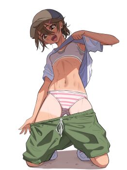 1girl :d absurdres baseball_cap breasts clothes_lift clothes_pull commentary crossdressing crossdressing_(ftm) english_commentary female_pubic_hair full_body gluteal_fold green_pants hair_ornament hairclip hat highres kneeling kyoko_(madaotheory) looking_at_viewer madaotheory navel open_mouth original pants pants_pull pubic_hair shirt shirt_lift short_sleeves shorts small_breasts smile solo stomach sweat t-shirt tan tanline tomboy toned toned_female torso_flash rating:Sensitive score:213 user:danbooru