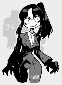  1girl alternate_costume bags_under_eyes black_hair black_suit breasts closed_mouth collared_shirt english_text formal_clothes gloves highres jacket jaggy_lines large_breasts long_fingers long_hair long_sleeves looking_at_viewer monochrome multicolored_hair noss_&amp;_zakuro noss_(rariatto) pants ponytail rariatto_(ganguri) shade shadow shirt smile solo streaked_hair suit vampire wavy_mouth white_hair white_shirt  rating:General score:9 user:danbooru