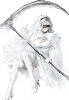  1girl absurdres black_hairband blindfold boots breasts cape cleavage cleavage_cutout clothing_cutout commentary_request dark_souls_(series) dark_souls_i dragon_girl dress full_body fur_cape hairband high_heel_boots high_heels highres holding holding_scythe holding_weapon large_breasts long_hair nier:automata nier_(series) priscilla_the_crossbreed sakku_art scales scythe simple_background solo thigh_boots very_long_hair weapon white_background white_boots white_cape white_dress white_hair 