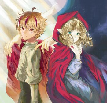  1boy 1girl 1other aged_down ahoge blonde_hair blue_eyes braid braided_ponytail child cloak dress fate/strange_fake fate_(series) hood hooded_cloak long_hair medium_hair meganebeeam multicolored_hair pointy_ears red_eyes red_hood red_streaks richard_i_(fate) sajou_ayaka_(fate/strange_fake) shirt side_braid single_braid spoilers streaked_hair upper_body 