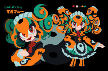  1girl 2022 :d apron ascot black_background black_dress black_hair character_name closed_mouth color_guide commentary curly_hair detached_sleeves dress feet_out_of_frame female_focus frilled_sleeves frills green_hair happy highres hood hood_down maid maid_apron maid_headdress multicolored_hair multiple_views nonshara open_mouth orange_eyes orange_hair original red_nails reference_sheet simple_background smile snake_hair two-tone_dress yin_yang  rating:General score:1 user:Itwyug3