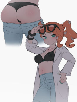 1girl adjusting_eyewear aqua_eyes aqua_nails ass black-framed_eyewear black_bra black_panties blue_pants blush bra breasts closed_mouth clothes_pull coat hair_ornament hand_on_own_hip heart heart_hair_ornament lab_coat looking_at_viewer medium_breasts nintendo one_side_up open_clothes open_coat orange_hair panties pants pants_pull pokemon pokemon_swsh ramoni simple_background sonia_(pokemon) sweatdrop underwear white_background rating:Sensitive score:69 user:danbooru