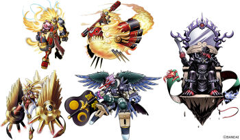  1girl 3boys amaterasumon black_wings blonde_hair breasts colored_skin commentary_request digimon digimon_(creature) enmamon flying_nimbus gauntlets geta hand_fan holding holding_fan long_hair mask monkey_boy monkey_tail multiple_boys official_art pink_skin ruyi_jingu_bang seitengokuwmon tail tengu tengu-geta tengu_mask tengumon throne war_fan wings 