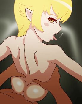  1boy 1girl animated ass blonde_hair blush_stickers bouncing_ass fang kenmaruart7 loli looking_at_viewer monogatari_(series) oshino_shinobu pointy_ears saliva sex tagme tongue tongue_out torso_grab video yellow_eyes 