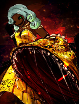  absurdres artist_request black_sclera colored_sclera corruption curly_hair dark-skinned_female dark_skin dress gauntlets green_eyes green_hair highres jewelry king_of_greed library_of_ruina living_weapon lobotomy_corporation magical_girl project_moon saliva sleeveless sleeveless_dress  rating:Questionable score:5 user:th8827