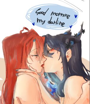  2girls black-naped_oriole black_hair blush closed_eyes commentary elizabeth_rose_bloodflame english_commentary english_text french_kiss hololive horns kiss long_hair multiple_girls nerissa_ravencroft nude red_hair speech_bubble tibetanyakart tongue upper_body virtual_youtuber white_background yuri 