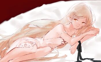 1girl black_ribbon blonde_hair closed_mouth collarbone dress feet_out_of_frame highres kiss-shot_acerola-orion_heart-under-blade kiss-shot_acerola-orion_heart-under-blade_(young) long_hair looking_at_viewer lying moku_(muooku) monogatari_(series) no_bra on_side oshino_shinobu parted_bangs pointy_ears ribbon single_off_shoulder sleeveless sleeveless_dress very_long_hair white_dress wrist_ribbon yellow_eyes rating:Sensitive score:24 user:danbooru