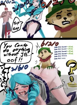  1girl 2boys ahegao all_fours aqua_hair ass blush breast_press breasts clothed_female_nude_male clothed_sex colored_skin doggystyle english_text grabbing_another's_ass grabbing_from_behind groping gwen_(league_of_legends) highres instant_loss interspecies league_of_legends long_hair medium_breasts multiple_boys nipples nude open_mouth sex sex_from_behind simple_background speech_bubble teemo tongue tongue_out top-down_bottom-up twintails  rating:Explicit score:21 user:xAkira