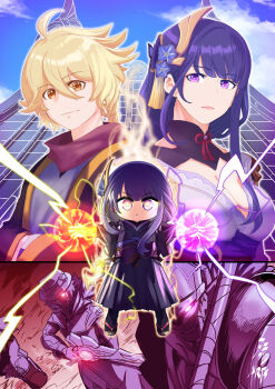  1boy 2girls 2others absurdres aepuru_arts aether_(genshin_impact) ahoge alternate_costume alternate_universe blonde_hair blue_sky blunt_bangs braid breasts child cleavage closed_mouth cloud cloudy_sky commentary electricity english_commentary father_and_daughter fatui_agent_(genshin_impact) genshin_impact glowing glowing_eyes hair_ornament head_tilt highres holding holding_orb holding_weapon huge_ahoge husband_and_wife japanese_clothes kimono large_breasts light_smile looking_at_viewer mole mole_under_eye mother_and_child mother_and_daughter multicolored_eyes multiple_girls multiple_others neck_ribbon orange_eyes orb outdoors pink_lips purple_eyes purple_hair purple_kimono raiden_shogun red_ribbon red_sash red_scarf ribbon sash scarf shade single_braid sky upper_body weapon 