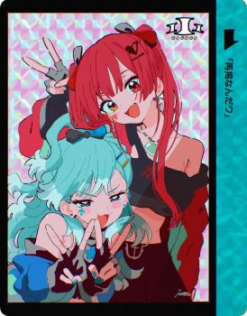  2girls :3 absurdres bare_shoulders black_shirt black_skirt blue_eyes blue_hair blue_jacket blush_stickers breasts commentary copyright_name cowboy_shot crop_top double_v earrings fang fingerless_gloves gloves hasu heterochromia highres hololive hololive_indonesia houshou_marine iii_(hololive) jacket jewelry kobo_kanaeru large_breasts long_hair milestone_celebration multiple_girls official_alternate_costume open_mouth pleated_skirt red_eyes red_hair red_jacket revision shirt skin_fang skirt twintails upper_body v virtual_youtuber wavy_hair yellow_eyes 