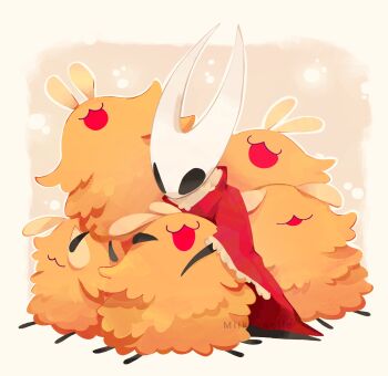  1girl :3 antennae arthropod_girl artist_name black_eyes black_skin brown_fur cloak closed_eyes colored_skin flea_(hollow_knight) fluffy full_body highres hollow_eyes hollow_knight hollow_knight:_silksong horned_mask hornet_(hollow_knight) horns hug mask miikrowelle open_mouth red_cloak sitting white_mask 