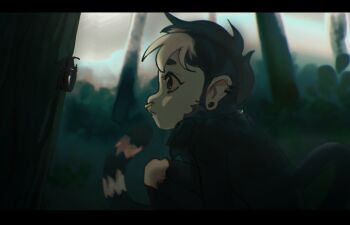  1girl black_hair body_fur bug bush commentary earrings face_piercing forest from_side jewelry monkey_girl nature nose_piercing original piercing pita-potato profile short_hair solo tree white_hair 