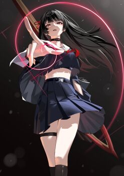  1girl absurdres black_choker black_hair black_jacket black_shirt black_skirt breasts bright_pupils chisa_(wuthering_waves) choker commentary crop_top hair_ribbon highres holding holding_sword holding_weapon jacket long_hair looking_at_viewer medium_breasts neckerchief red_eyes red_neckerchief red_ribbon ribbon sailor_collar shirt skirt solo sword t3ku thigh_strap thighs weapon white_pupils white_sailor_collar wuthering_waves 