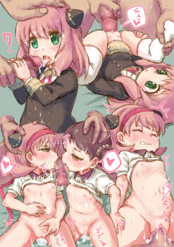  2girls aftersex anya_(spy_x_family) becky_blackbell blush brown_hair bukkake censored clenched_teeth closed_eyes clothed_female_nude_male cooperative_fellatio cum cum_in_mouth cum_in_pussy cum_on_body cum_on_clothes cum_on_hair cum_on_tongue cum_pool cum_string cumdrip dasumon dasumon_(mcwt7384) drooling eyelashes fellatio flat_chest functionally_nude green_eyes hair_between_eyes hairband half-closed_eyes hand_on_another's_head heart hetero highres loli moaning mosaic_censoring multiple_girls multiple_views nipples nude open_mouth oral penis penis_grab pink_hair pink_hairband sequential sex simple_background spoken_heart spread_legs spy_x_family sweat teamwork_(sexual) tears teeth tongue tongue_out trembling vaginal  rating:Explicit score:589 user:danbooru