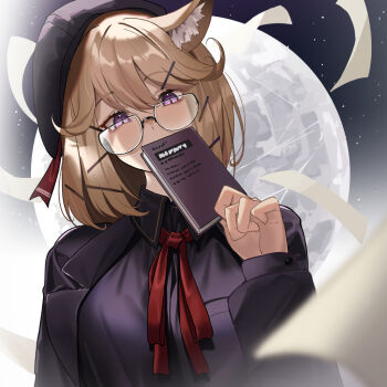  1girl animal_ears arknights beret blonde_hair book breasts full_moon glasses hair_ornament hairclip hat holding holding_book jacket looking_at_viewer moon nishitaka purple_eyes purple_hat purple_jacket purple_shirt shirt short_hair solo utage_(arknights) utage_(disguise)_(arknights) 