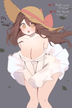  1girl :o blush breasts brown_eyes brown_hair cleavage clothes_lift commentary covering_crotch covering_privates detached_sleeves dress dress_lift english_commentary english_text feet_out_of_frame film_grain floating_hair grey_background hair_ribbon hat heart heart_in_eye highres indie_virtual_youtuber knees_together_feet_apart large_breasts leaning_forward like_and_retweet long_hair long_sleeves looking_at_viewer no_pupils open_mouth pink_ribbon ribbon simple_background sky_above_me sky_above_me_(vtuber) solo standing strapless strapless_dress straw_hat symbol_in_eye virtual_youtuber white_dress wind wind_lift 