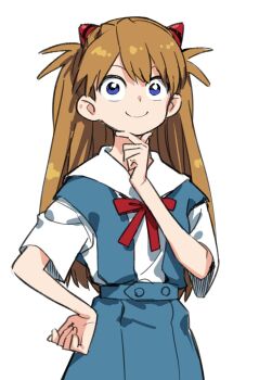  1girl 774_(nanashi) blue_eyes blue_skirt brown_hair c: commentary_request hand_on_own_chin hand_on_own_hip highres interface_headset_(evangelion) long_hair looking_at_viewer neon_genesis_evangelion school_uniform shirt simple_background skirt smile solo souryuu_asuka_langley tokyo-3_middle_school_uniform white_background white_shirt 