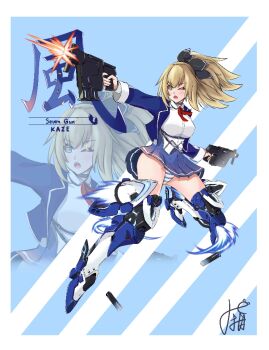  1girl armored_boots black_bow black_ribbon blonde_hair blue_eyes blue_jacket blue_panties blue_skirt boots bow breasts dual_wielding gun hair_bow hair_ribbon holding holding_gun holding_weapon jacket kaze_(starward) long_sleeves mecha_musume mechanical_legs miniskirt neck_ribbon panties pantyshot pleated_skirt ponytail red_ribbon ribbon school_uniform shirt skirt solo starward striped_clothes striped_panties underwear weapon white_shirt 