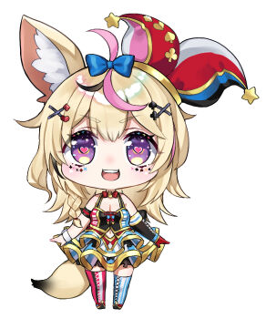  1girl :d ahoge animal_ear_fluff animal_ears asymmetrical_legwear black_gloves black_streaks blonde_hair blue_bow blue_skirt blue_thighhighs bow bow_button bowtie braid buttons chibi chibi_only clothing_cutout club_hair_ornament commentary_request double-parted_bangs elbow_gloves facial_mark fox_ears fox_girl fox_tail gloves hair_bow hair_ornament hairclip halter_shirt halterneck hat heart heart-shaped_pupils heart_hair_ornament hololive jester_cap layered_skirt long_hair looking_at_viewer mark_under_eye minatasiro miniskirt mismatched_legwear multicolored_hair navel_cutout omaru_polka omaru_polka_(1st_costume) open_mouth pink_streaks pink_thighhighs playing_card_theme pointy_shoes purple_eyes red_bow red_bowtie red_hat red_shoes shirt shoes side_braid simple_background single_braid single_elbow_glove single_glove single_wrist_cuff skirt sleeveless sleeveless_shirt smile solo spade_hair_ornament streaked_hair striped_clothes striped_skirt striped_thighhighs symbol-shaped_pupils tail teeth thighhighs tilted_headwear traditional_bowtie upper_teeth_only v-shaped_eyebrows vertical-striped_clothes vertical-striped_skirt vertical-striped_thighhighs virtual_youtuber white_background wrist_cuffs x_hair_ornament 