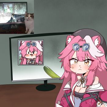  1girl :< absurdres animal_ear_fluff animal_ears beret black_hat black_tube_top blush breasts commentary crying crying_with_eyes_open cucumber fallout fallout_4 goggles goggles_on_head hair_intakes hat highres hololive hololive_english jacket large_breasts long_hair looking_at_viewer monitor multicolored_hair off_shoulder open_clothes open_jacket painting_(object) panther_ears panther_girl photo-referenced picture_frame pink_hair pink_jacket raora_panthera raora_panthera_(1st_costume) reference_inset runny_nose snot strapless streaked_hair symbol-only_commentary tears tsurukieeeeeak tube_top upper_body virtual_youtuber wavy_eyes white_hair yellow_eyes 