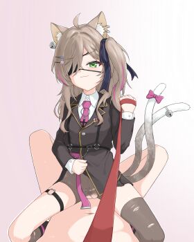  1girl :3 absurdres animal_ear_fluff asymmetrical_legwear black_jacket black_skirt bow brown_hair earrings eyepatch fish_hair_ornament green_eyes hair_ornament hair_ribbon highres jacket jewelry leash long_hair long_sleeves looking_at_viewer miniskirt multicolored_hair multiple_tails necktie one_side_up paw_hair_ornament pink_hair pink_necktie pleated_skirt pov prism_project pussy pussy_cutout ribbon shirt simple_background skirt smile smug straddling streaked_hair suzune_nia tail tail_bow tail_ornament thighhighs torn_clothes torn_thighhighs two_tails uneven_legwear uts viewer_on_leash virtual_youtuber white_shirt 