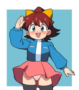  1girl black_thighhighs blue_background blue_eyes blue_jacket blush bow breast_pocket breasts brown_hair crotch_seam hair_bow high_ponytail jacket loli long_hair long_sleeves looking_at_viewer mio-chan_(yume_yoroi) open_mouth original panties pink_panties pink_skirt pocket ponytail salute skirt small_breasts smile standing thighhighs underwear wind wind_lift yellow_bow yume_yoroi 