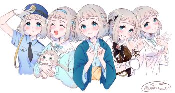  1girl black_necktie blue_bow blue_bowtie blue_cardigan blue_eyes blue_hairband blue_haori blue_kimono blue_ribbon blue_shirt blush bow bowtie braid breasts cardigan character_doll chibigurumi clenched_hands closed_eyes closed_mouth collared_shirt commentary_request cropped_shirt cropped_torso d04te2cute doll female_service_cap frilled_shirt frilled_shirt_collar frills gakuen_idolmaster grey_hair hair_ribbon hairband half_up_braid hand_on_own_chest hand_up hands_on_own_chest hands_up haori hat highres holding holding_doll idol_clothes idolmaster japan_national_police japanese_clothes katsuragi_lilja kimono long_sleeves looking_at_viewer medium_breasts midriff multiple_views neck_ribbon necktie obi open_cardigan open_clothes open_hand police police_hat police_uniform policewoman ribbon ribbon_braid salute sash shirt short_hair short_sleeves simple_background smile twitter_username upper_body waving white_background white_shirt wide_sleeves 