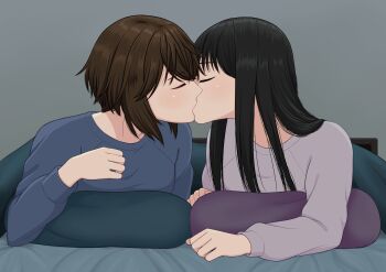  2girls absurdres black_hair brown_hair closed_eyes commentary_request french_kiss highres indoors kiss long_hair lying multiple_girls on_bed on_stomach original pillow ryuusa short_hair under_covers yuri 
