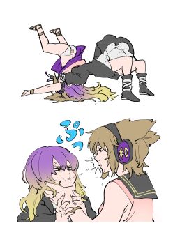  2girls absurdres animal_print bear_panties bear_print black_boots black_dress blonde_hair boots brown_hair commentary_request dress from_side german_suplex grabbing_another's_arm grabbing_another's_face gradient_hair hair_flowing_over half-closed_eyes head_grab headphones highres hijiri_byakuren legs_up long_hair looking_at_another meme multicolored_hair multiple_girls multiple_views no_pupils panties pointy_hair print_panties purple_hair purple_skirt sandals shirt short_hair simple_background skirt sleeveless sleeveless_shirt spat_on spitting spitting_while_kissing_(meme) suplex touhou toyosatomimi_no_miko two-tone_hair underwear upside-down white_background white_panties yamazaki_tsukune 