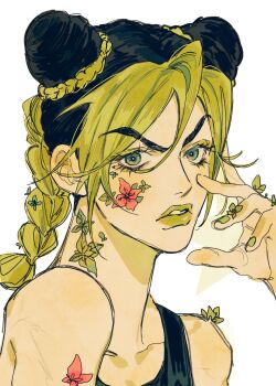  1girl black_hair blue_eyes braid braided_bun commentary double_bun flower green_hair green_lips hair_bun hand_on_own_face hand_up highres jojo_no_kimyou_na_bouken kuujou_jolyne long_hair looking_at_viewer mnnd nail_polish parted_lips portrait solo star_(symbol) stone_ocean symbol-only_commentary tank_top 
