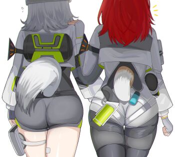  2girls absurdres akekuri_(arknights) arknights arknights:_endfield ass cat_girl cat_tail commentary dog_girl dog_tail english_commentary estella_(arknights) from_behind hand_on_another's_shoulder highres long_hair multiple_girls red_hair simple_background spam_(spamham4506) tail white_background 