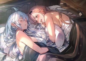 2girls absurdres ahoge asymmetrical_bangs bare_shoulders bed bed_sheet blanket blush bottle braid breasts brown_eyes brown_hair cleavage closed_eyes granblue_fantasy hair_between_eyes hair_ornament hair_spread_out hairclip hickey highres holding holding_own_hair holding_pillow indoors kakage large_breasts light_rays long_hair looking_at_another lying morning_after multiple_girls on_side open_mouth parted_lips pillow sideboob silva_(granblue_fantasy) silver_hair sleeping smile star_(symbol) star_print sunbeam sunlight tank_top tweyen_(granblue_fantasy) twin_braids very_long_hair wavy_hair when_you_see_it white_tank_top wine_bottle yuri rating:Sensitive score:34 user:danbooru