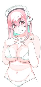  1girl aqua_hair bifizu's_gold bikini breasts colored_inner_hair hands_on_own_chest head_tilt headphones highres large_breasts micro_bikini multicolored_hair navel nitroplus pink_eyes pink_hair solo super_sonico swimsuit two-tone_hair underboob upper_body white_bikini 