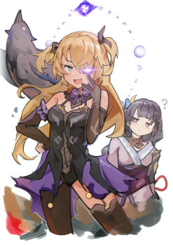  2girls ? absurdres bare_shoulders bird bird_boy black_gloves black_thighhighs blonde_hair blunt_bangs bridal_gauntlets closed_mouth commentary confused dress elbow_gloves eyepatch fischl_(genshin_impact) frills genshin_impact glint gloves green_eyes hair_between_eyes hair_ornament highres japanese_clothes jumbowhopper kimono leaning_to_the_side looking_at_viewer mole mole_under_eye multiple_girls open_mouth oz_(genshin_impact) purple_dress purple_eyes purple_hair purple_kimono raiden_shogun red_sash sash short_twintails sleeveless standing thighhighs twintails upper_body white_background 