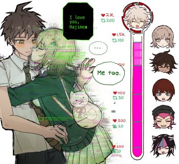  3boys 4girls ahoge animal_bag black_pants blush brown_eyes brown_hair brown_skirt cat_bag closed_eyes collared_shirt commentary danganronpa_(series) danganronpa_2:_goodbye_despair english_commentary english_text from_side glitch green_necktie grey_shirt highres hinata_hajime kiss kiss_meter_(meme) koizumi_mahiru komaeda_nagito medium_hair meme miniskirt mioda_ibuki mk_mikioo multiple_boys multiple_girls nanami_chiaki necktie owari_akane pants pink_bag pleated_skirt shirt short_hair short_sleeves skirt soda_kazuichi speech_bubble 