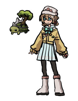  1girl animal aqua_bow aqua_bowtie arms_at_sides beanie black_eyes black_pantyhose blue_eyes blue_sailor_collar blue_skirt blush bonsai boots borrowed_accessory bow bowtie brown_hair cardigan chinese_commentary closed_mouth commentary_request dgucedunno dot_nose double-parted_bangs fakemon full_body gen_4_pokemon glaring hair_ornament hair_rings hat heart heart_hair_ornament highres holding holding_poke_ball knee_boots left-handed looking_ahead miniskirt neuro-sama nintendo pantyhose pleated_skirt poke_ball poke_ball_(basic) pokemon pokemon_dppt sailor_collar school_uniform skirt smile standing torterra turtle vedal987 vedal_ai virtual_youtuber white_boots white_hat winter_uniform yellow_cardigan 