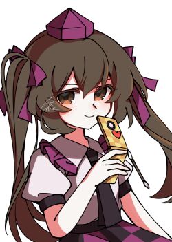 1girl black_skirt bow brown_eyes brown_hair camera_phone cellphone checkered_clothes checkered_skirt closed_mouth collared_shirt commentary_request flip_phone frilled_shirt_collar frills hair_bow hat highres himekaidou_hatate holding holding_phone illust_atelier3 long_hair necktie one-hour_drawing_challenge phone puffy_short_sleeves puffy_sleeves purple_bow purple_hat purple_skirt shirt short_sleeves signature simple_background skirt smile solo square-end_necktie tokin_hat touhou twintails two-tone_skirt very_long_hair white_background 