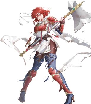  1girl arm_guards armor axe battle_damage belt black_pantyhose blue_boots boots breastplate breasts brown_belt brown_gloves clenched_teeth damaged dress fingerless_gloves fire_emblem fire_emblem:_mystery_of_the_emblem fire_emblem:_shadow_dragon fire_emblem_heroes full_body gloves gold_trim greaves headband high_heel_boots high_heels highres holding holding_axe holding_weapon looking_at_viewer minerva_(above_the_stars)_(fire_emblem) minerva_(fire_emblem) multiple_belts nintendo non-web_source official_alternate_costume official_art one_eye_closed pantyhose parted_lips pauldrons red_armor red_eyes red_hair riz3 shin_guards short_dress short_hair short_sleeves shoulder_armor simple_background solo teeth thigh_boots torn_boots torn_clothes torn_pantyhose weapon white_dress white_headband 