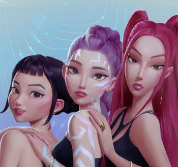  3girls absurdres black_eyeliner black_hair body_markings brown_eyes commentary double_bun earrings english_commentary eyeliner eyeshadow hair_bun highres jewelry kpop_demon_hunters long_hair looking_at_viewer makeup mira_(kpop_demon_hunters) multiple_girls nachomolinaart pink_hair profile purple_hair rumi_(kpop_demon_hunters) short_bangs twintails upper_body zoey_(kpop_demon_hunters) 