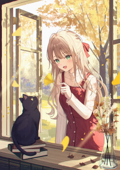  1girl absurdres arm_up autumn_leaves black_cat blonde_hair book book_stack bookshelf bow branch buttons cat chromatic_aberration commentary_request dress erlenmeyer_flask falling_leaves fingernails flask green_eyes hair_bow highres holding holding_leaf indoors leaf light_rays long_hair long_sleeves looking_at_animal open_mouth open_window original pinafore_dress red_bow red_dress senri_(senri_sen) sleeveless sleeveless_dress smile solo standing sunlight sweater through_window tree white_sweater window windowsill 