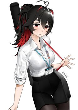  1girl ahoge black_hair black_pantyhose bloop_(gawr_gura) breasts bubba_(watson_amelia) colored_inner_hair cowboy_shot death-sensei_(mori_calliope) document_tube enma-chan hololive hololive_english id_card joshirah lanyard light_blush long_hair looking_at_viewer medium_breasts multicolored_hair pantyhose ponytail red_eyes red_hair shorts simple_background sleeves_rolled_up solo takodachi_(ninomae_ina'nis) thigh_gap twitter_username virtual_youtuber white_background 