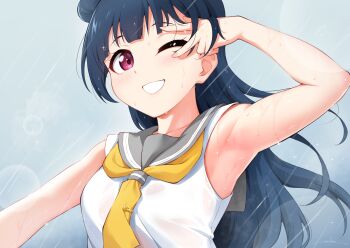  1girl ;d armpits bare_arms bare_shoulders black_hair blunt_bangs blush breasts commentary day english_commentary fingernails glint grey_sailor_collar grin hair_bun hair_lift hand_up highres long_hair looking_at_viewer love_live! love_live!_sunshine!! medium_breasts mixed-language_commentary neckerchief one_eye_closed open_mouth outdoors outstretched_arm overcast pink_eyes rain sailor_collar school_uniform serafuku shirt single_side_bun sky sleeveless sleeveless_shirt smile solo summer_uniform tsushima_yoshiko unsfrau upper_body uranohoshi_school_uniform v v_over_eye wet wet_clothes wet_shirt white_shirt yellow_neckerchief 